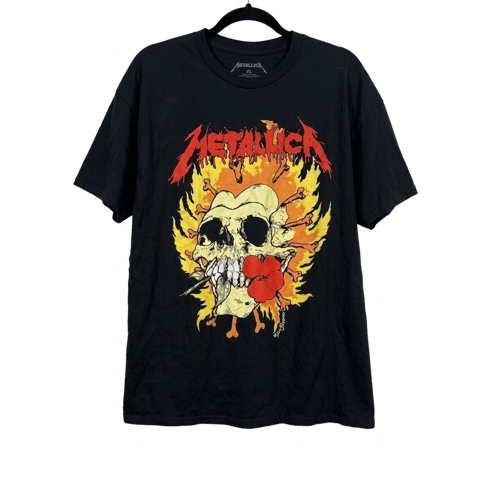 Metallica Pushead Skull Flame Graphic T-Shirt Mens XL Black Short Sleeve Tee